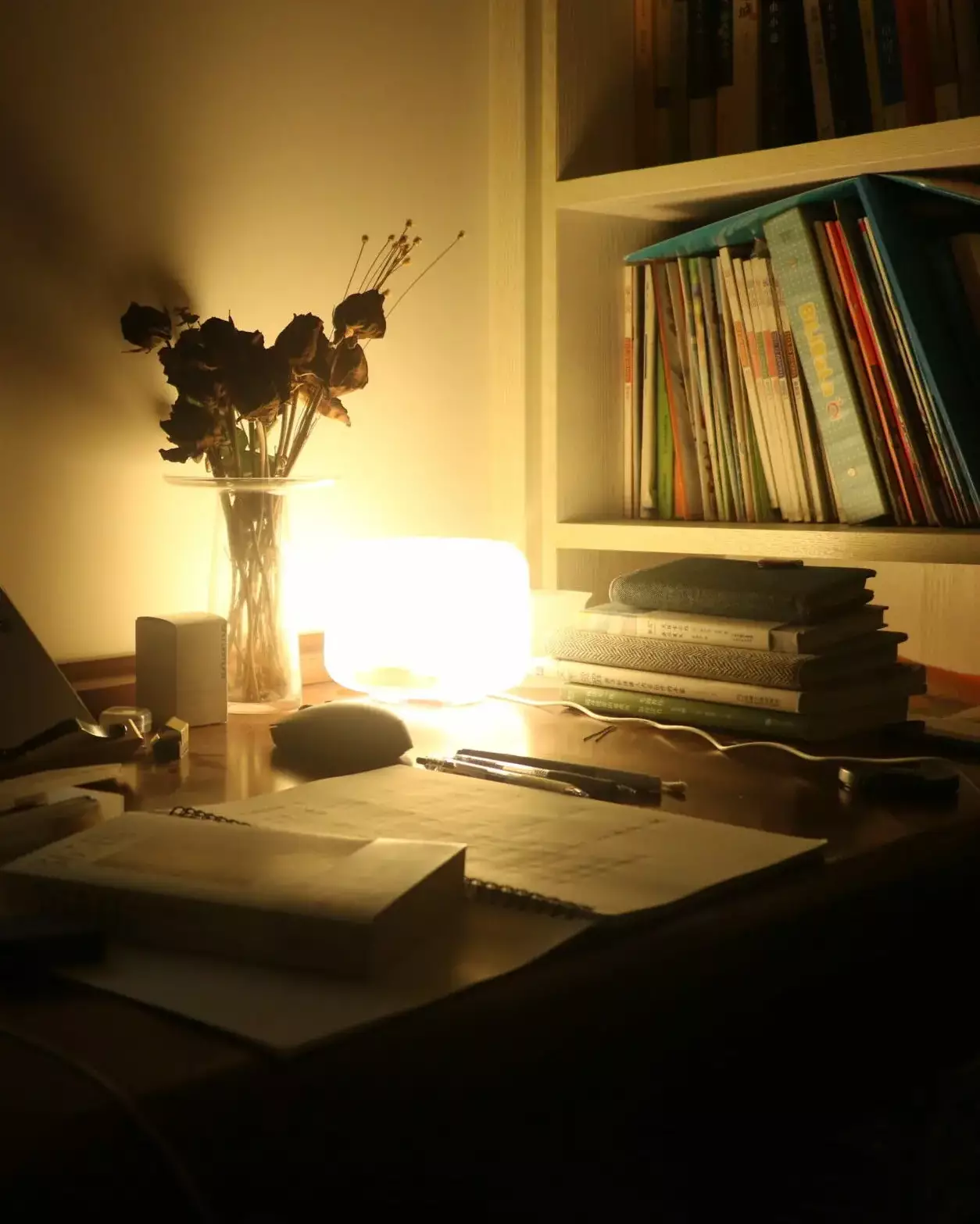 A bright lamp on a desk surrounded by flowers, books, and accessories