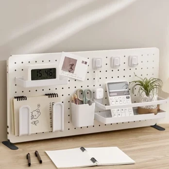 A White Metal Desk Pegboard with some office accessories