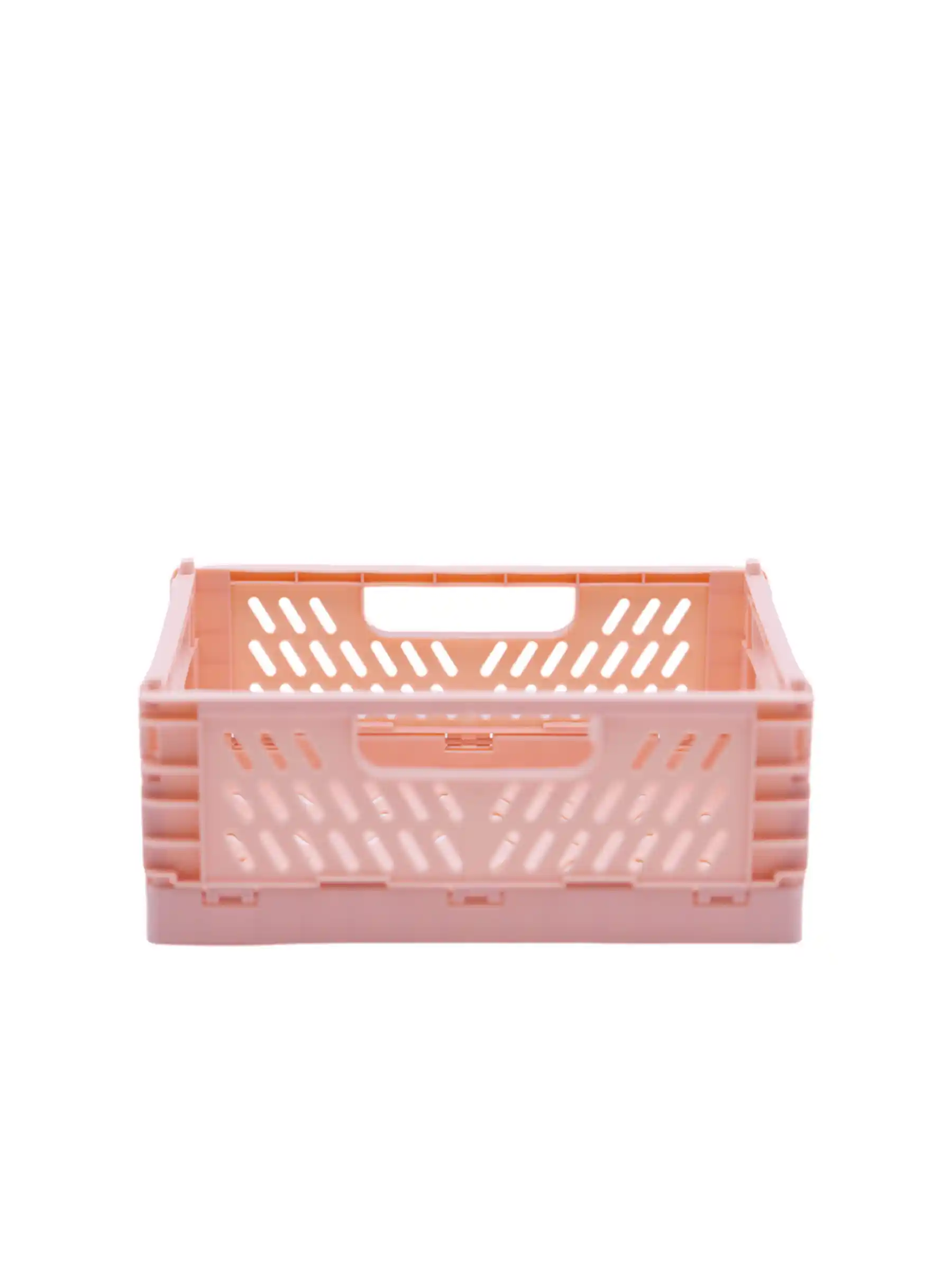 This is an expanded pink plastic foldable organization basket