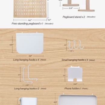 Visual representation of the items included within the Wooden Desk Pegboard