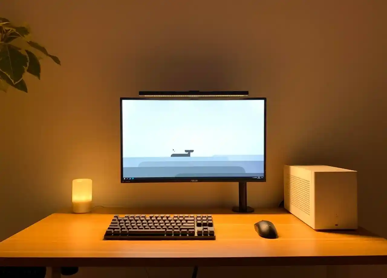 A minimalist desk setup with a large monitor, keyboard, mouse, and a white speaker, accentuated by a soft ambient light.